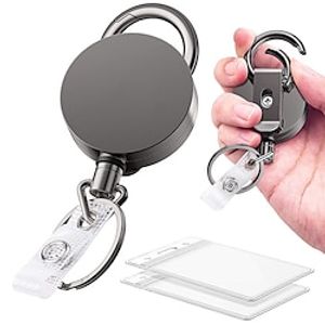 2 Pack Heavy Duty Metal Retractable Badge Holder Reel with Belt Clip Key Ring and Waterproof Vertical Clear ID Card Holder  2 Extra Carabiner Key Chain Rings 28 inches Strong Dyneema Pull Cord miniinthebox