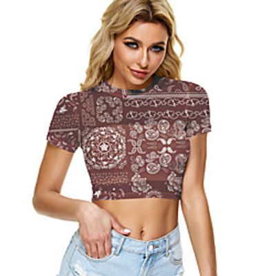 Women's Crop Tshirt Graphic Mesh Print Round Neck Tops Basic Basic Top Wine Orange Green Lightinthebox