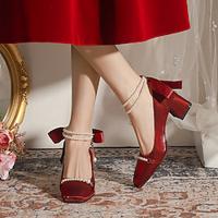 Women's Heels Wedding Shoes Lace Up Sandals Strappy Sandals Dress Shoes Valentine's Day Daily Imitation Pearl Ribbon Tie Block Heel Chunky Heel Square Toe Elegant Fashion PU Ankle Strap White Burgundy Lightinthebox - thumbnail