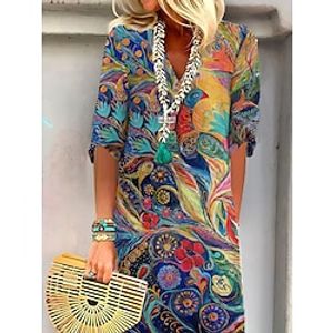 Women's Casual Dress Shift Dress Summer Dress Floral Geometric Print Split Neck Midi Dress Active Fashion Outdoor Daily Half Sleeve Regular Fit Black Royal Blue Blue Summer Spring S M L XL XXL Lightinthebox