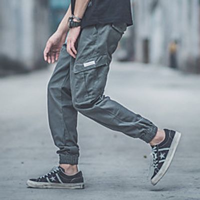 Men's Casual / Sporty Streetwear Comfort Outdoor Casual Daily Jogger Pants Tactical Cargo Trousers Pants Solid Color Full Length Drawstring Pocket Gray Black miniinthebox