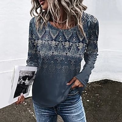 Women's T shirt Tee Green Blue Purple Graphic Print Long Sleeve Daily Weekend Basic Round Neck Regular Painting S Lightinthebox