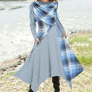 Women's Casual Dress Swing Dress Midi Dress Blue Long Sleeve Plaid Patchwork Winter Fall Spring Crew Neck Stylish Vacation Weekend 2022 S M L XL XXL 3XL Lightinthebox