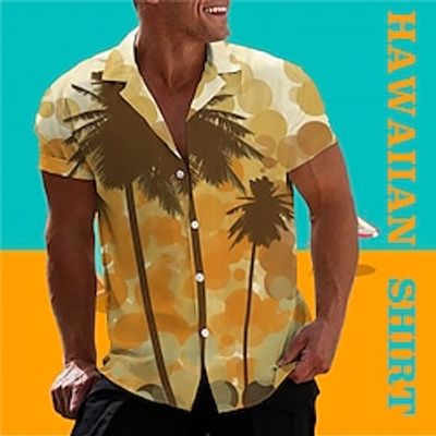 Men's Shirt Summer Hawaiian Shirt Coconut Tree Graphic Prints Turndown Yellow Green Casual Holiday Short Sleeve Button-Down Print Clothing Apparel Tropical Fashion Hawaiian Soft Lightinthebox