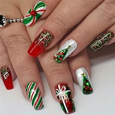 24pcs Glossy Medium Ballerina Fake Nails, Red Green Press On Nails With Glitter Stripe Christmas Tree Design, Shiny Sequin False Nails For Women Girls X-mas Nail Decoration Lightinthebox