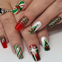24pcs Glossy Medium Ballerina Fake Nails, Red Green Press On Nails With Glitter Stripe Christmas Tree Design, Shiny Sequin False Nails For Women Girls X-mas Nail Decoration Lightinthebox - thumbnail
