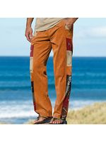 Men's Linen Contrast Checkered Patchwork Print Boho Pants