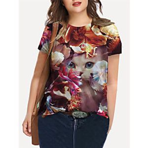 Women's Plus Size Print Cat Graphic Animal T shirt Large Size Crewneck Short Sleeve Basic Tops XL XXL 3XL Red Big Size Lightinthebox