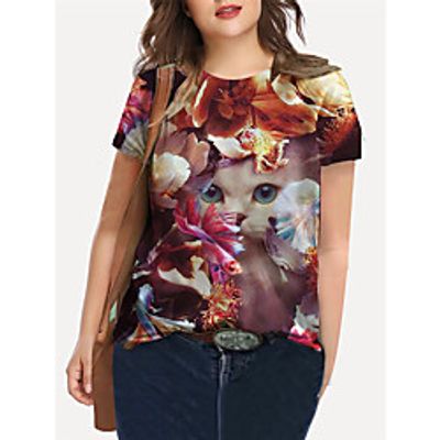 Women's Plus Size Print Cat Graphic Animal T shirt Large Size Crewneck Short Sleeve Basic Tops XL XXL 3XL Red Big Size Lightinthebox