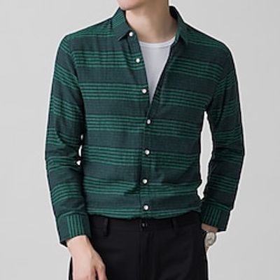 Men's Dress Shirt Collared Shirt Linen Shirt Striped Turndown Green Gray Outdoor Work Long Sleeve Button-Down Clothing Apparel Cotton Business Casual Comfortable Lightinthebox