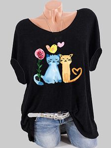 Round Neck Cat Print Short Sleeve T-shirt