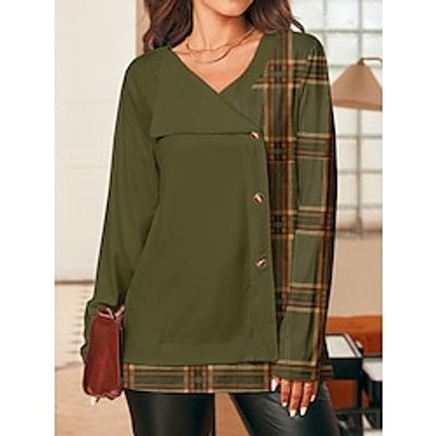 Women's T shirt Tee Plaid Army Green Khaki Print Patchwork Button Long Sleeve Daily Going out Fashion V Neck Regular Fit Spring Lightinthebox