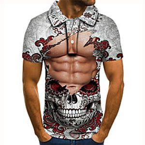 Men's Polo 3D Print Skull Rose Button-Down Short Sleeve Street Tops Casual Fashion Cool Gray Lightinthebox