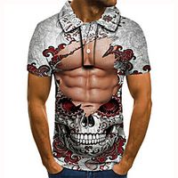 Men's Polo 3D Print Skull Rose Button-Down Short Sleeve Street Tops Casual Fashion Cool Gray Lightinthebox - thumbnail