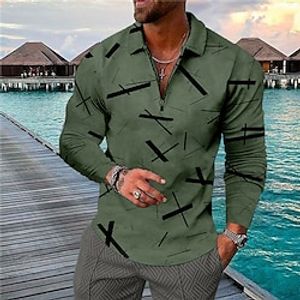 Men's Collar Polo Shirt Golf Shirt Geometry Turndown Green Blue Purple Dark Green Khaki 3D Print Outdoor Street Long Sleeve Zipper Print Clothing Apparel Fashion Designer Casual Breathable Lightinthebox