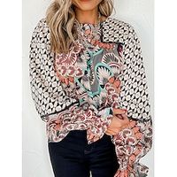 Women's Shirt Blouse Graphic Casual Puff Sleeve Black Light Blue Print Long Sleeve Ethnic Round Neck Regular Fit Spring   Fall Lightinthebox