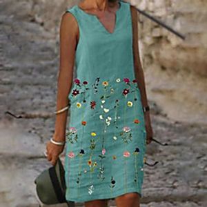 Women's A Line Dress Knee Length Dress Blue Sleeveless Floral Print Fall V Neck Casual 2021 S M L XL XXL 3XL miniinthebox