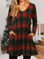 Christmas Check Print V-neck Loose Short Dress - thumbnail