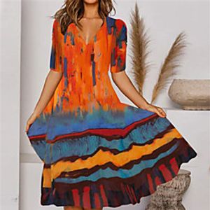 Women's A Line Dress Midi Dress Orange Half Sleeve Tie Dye Print Fall Summer V Neck Casual 2021 S M L XL XXL miniinthebox
