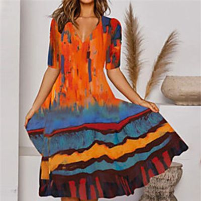 Women's A Line Dress Midi Dress Orange Half Sleeve Tie Dye Print Fall Summer V Neck Casual 2021 S M L XL XXL miniinthebox