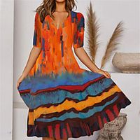 Women's A Line Dress Midi Dress Orange Half Sleeve Tie Dye Print Fall Summer V Neck Casual 2021 S M L XL XXL miniinthebox - thumbnail