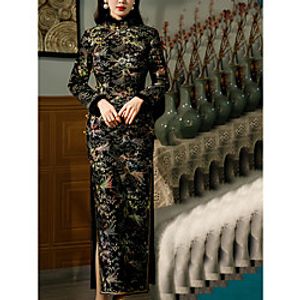 Sheath  Column Chinese Style Vintage Wedding Guest Formal Evening Dress High Neck Long Sleeve Ankle Length Velvet with Slit Embroidery 2022 Lightinthebox