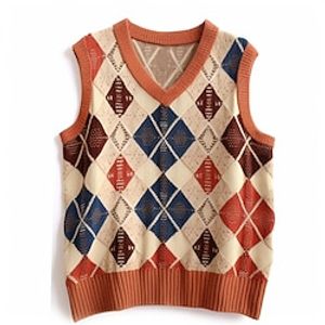 Plaid Geometry Argyle Retro Vintage Men's Knitting Print Sweater Vest Knitwear Outdoor Daily Vacation Sleeveless V Neck Sweaters Orange Fall Winter M L XL Sweaters Lightinthebox