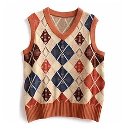 Plaid Geometry Argyle Retro Vintage Men's Knitting Print Sweater Vest Knitwear Outdoor Daily Vacation Sleeveless V Neck Sweaters Orange Fall Winter M L XL Sweaters Lightinthebox