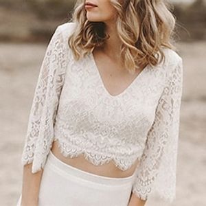 Beach Boho Wedding Dresses Separates Separates 34 Length Sleeve V Neck Lace Bridal Tops With Appliques Solid Color 2023 Bridal Gowns Lightinthebox