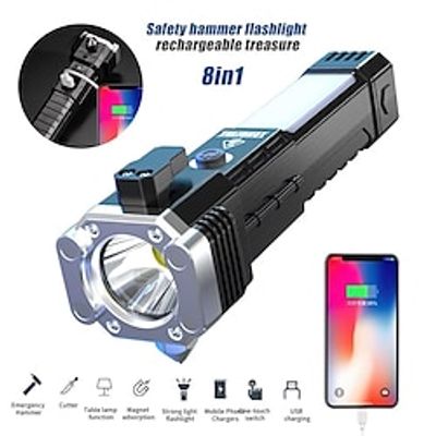 Torch LightLED 3W Torch Light Rechargeable Torch Flashlight Emergency Lights Long Distance Beam Range Car Rescue Torch with Hammer Window Glass and Seat Belt Cutter Built (Black) Lightinthebox