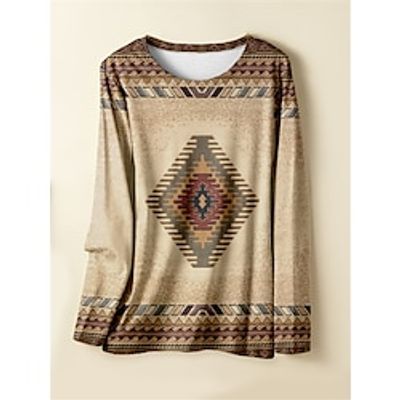 Women's Christmas Pajamas Top Geometic Color Combo Warm Retro Comfort Home Daily Bed Spandex Warm Breathable Crew Neck Long Sleeve Fall Winter Wine Blue Lightinthebox