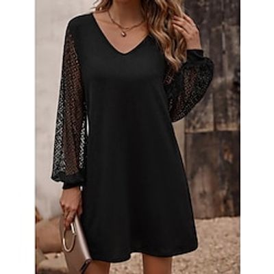 Women's Black Dress Party Dress Lace Dress Mini Dress Black Long Sleeve Pure Color Lace Spring Fall Winter V Neck Fashion Winter Dress Wedding Guest Evening Party 2023 S M L XL Lightinthebox