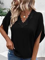 Solid V-neck Lace Cutout Short Sleeves Blouses