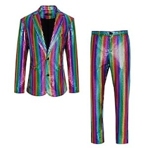 Men's Party Sparkle Suits 2 Piece Rainbow Pattern Tailored Fit Single Breasted Two-buttons Silver Black BlueHalloween  2023 miniinthebox