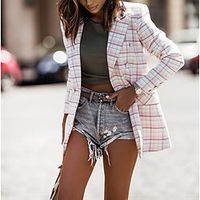 Women's Blazer Daily Fall Winter Regular Coat Regular Fit Thermal Warm Elegant Jacket Long Sleeve Plaid  Check Print Gray Pink Lightinthebox - thumbnail