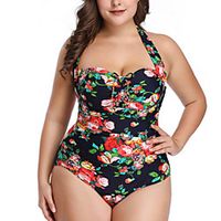 Women's One Piece Swimsuit Floral Black Blue Blushing Pink Orange Swimwear Bathing Suits Lightinthebox - thumbnail