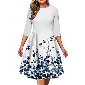 Women's Plus Size A Line Dress Floral Round Neck 34 Length Sleeve Spring Summer Work Midi Dress Daily Vacation Dress Lightinthebox