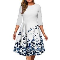 Women's Plus Size A Line Dress Floral Round Neck 34 Length Sleeve Spring Summer Work Midi Dress Daily Vacation Dress Lightinthebox - thumbnail