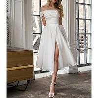 Bridal Shower Little White Dresses Wedding Dresses Tea Length A-Line Sleeveless Off Shoulder Chiffon With Ruched Split Front 2023 Bridal Gowns Lightinthebox - thumbnail