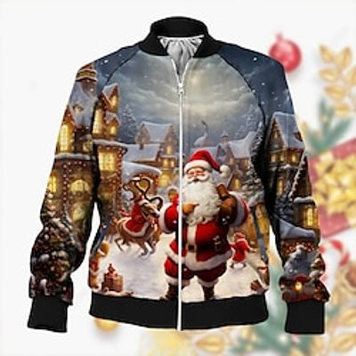Santa Claus Casual Men's Bomber Jacket Coat Christmas Sports  Outdoor Daily Wear Fall  Winter Standing Collar Long Sleeve Dark Navy Blue Gray S M L Polyester Jacket Lightinthebox