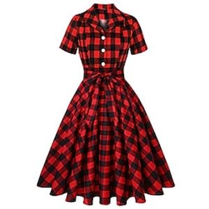 Women's A Line Dress Knee Length Dress Green Yellow Light Green Wine Red Short Sleeve Floral Plaid Lace up Print Fall Spring Shirt Collar Stylish Vintage Mature 2022 S M L XL XXL Lightinthebox