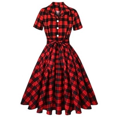 Women's A Line Dress Knee Length Dress Green Yellow Light Green Wine Red Short Sleeve Floral Plaid Lace up Print Fall Spring Shirt Collar Stylish Vintage Mature 2022 S M L XL XXL Lightinthebox