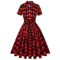 Women's A Line Dress Knee Length Dress Green Yellow Light Green Wine Red Short Sleeve Floral Plaid Lace up Print Fall Spring Shirt Collar Stylish Vintage Mature 2022 S M L XL XXL Lightinthebox - thumbnail