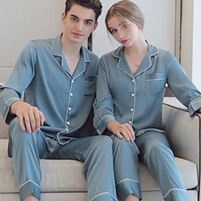 Couple's Pajamas Loungewear Solid Color Casual Weekend Navy Blue Blue Green Long Sleeve Daily Shirt Collar Regular Fit Spring Fall Lightinthebox Couple's Pajamas Loungewear Solid Color Casual Weekend Navy Blue Blue Green Long Sleeve Daily Shirt Collar Regular Fit Spring Fall Lightinthebox