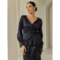 Satin Lantern Sleeve Black Elegant V Neck Blouse - thumbnail