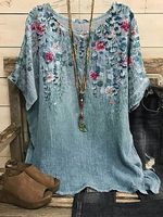 Round Neck Casual Loose Floral Print Short Sleeve Blouse