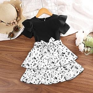 2 Pieces Toddler Girls' Solid Color Crewneck DressSet Set Short Sleeve Active Performance 3-7 Years Summer Black Lightinthebox