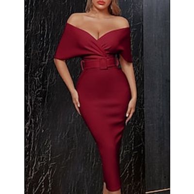Sheath  Column Evening Gown Elegant Dress Formal Knee Length Half Sleeve Off Shoulder Stretch Fabric with Slit 2023 Lightinthebox