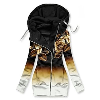 Women's Zip Hoodie Sweatshirt Active Sportswear Drawstring Zip Up Print Black Floral Casual Sports Hoodie Long Sleeve Top Micro-elastic Fall  Winter Lightinthebox