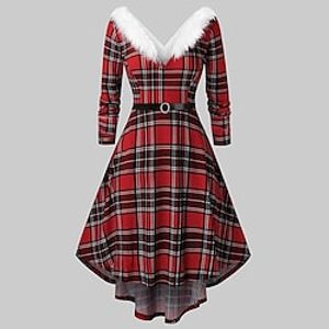 Women's Christmas Tartan Dress Sheath Dress Red grid Green grid Red Long Sleeve Plaid Pure Color Zipper Feather Winter Fall Off Shoulder Vintage Fall Dress Slim 2022 S M L XL XXL  Winter Dress Lightinthebox